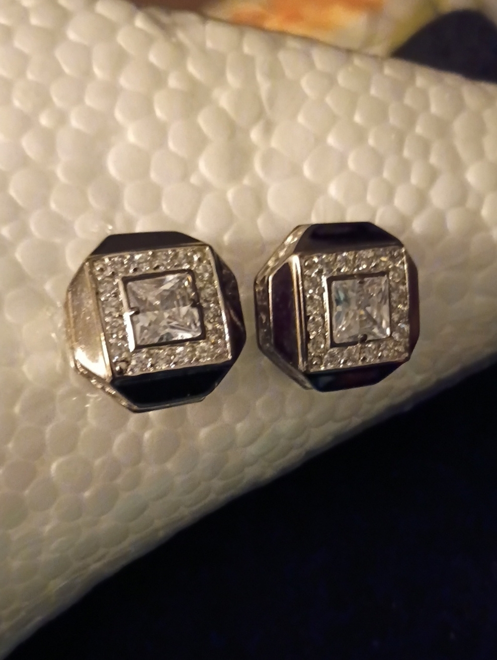Silver-Tone Square Crystal Stud mens Cufflinks in Black and Silver - Picture 2 of 3